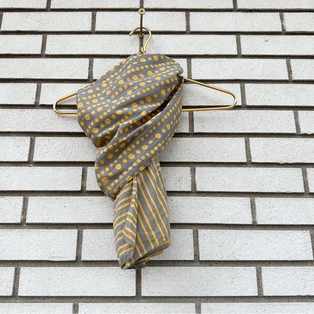 Asian Eye Block Print Cotton Scarf Yellow Gray Polka Dot Stripe Handcraft India